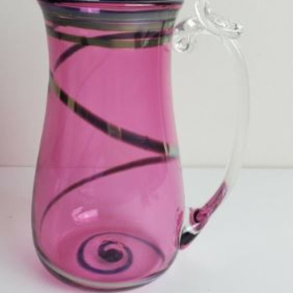 Hand Blown Pitcher 7" Shelve Art Glass Pink Silver Swirl Water Lemonade Juice - Picture 8 of 11